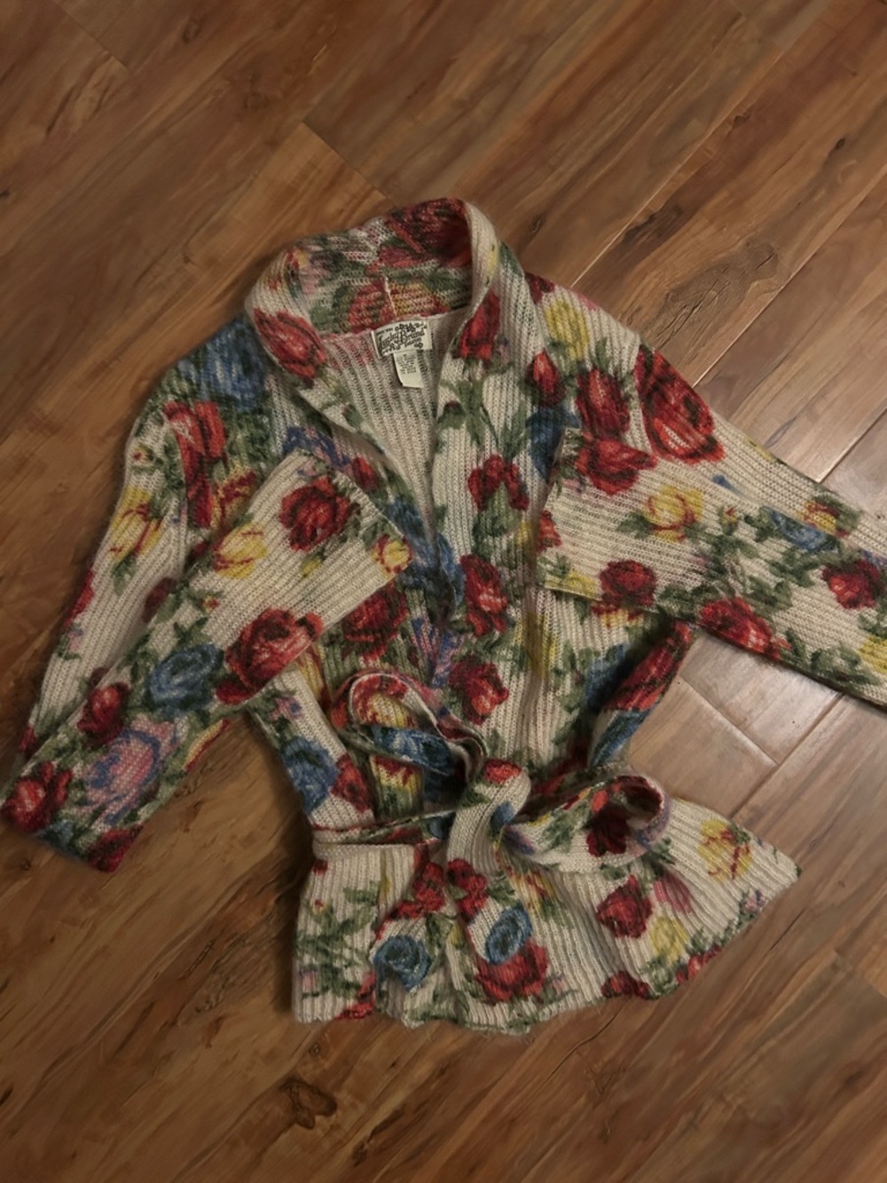 Vintage Lucky Brand Mohair Floral Cardigan Sweater Boho Cottagecore Tie waist